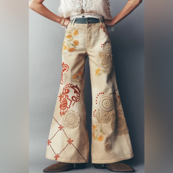 New Free People Falling Love Wide Leg Jeans Floral Embroidered Crochet - Picture 2 of 9